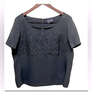 Luisa Spagnoli silk short sleeve blouse, beaded & embroidered, black, 2X